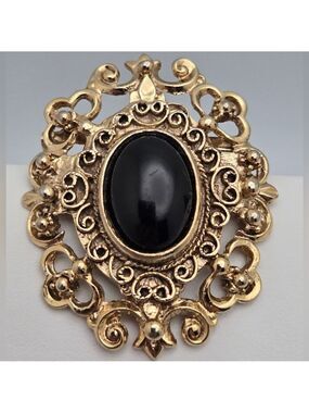 Vintage Gold-Tone Filigree Brooch Black Oval Cabochon Gothic & Victorian Style